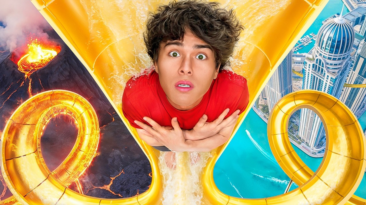 Stokes Twins video thumbnail for Surprising Twin Brother With Dream Vacation!, showing a twin on a yellow waterslide